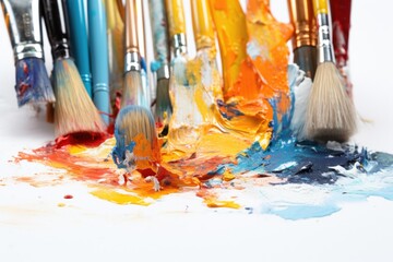 Aufkleber - A collection of paint brushes placed on a clean white surface. This versatile image can be used for various creative projects
