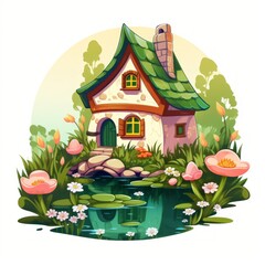 Poster - A charming fairytale dwelling showcasing a tiny pond and a blossoming garden. Generative AI