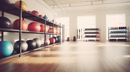 Poster - A picture of a gym room with a variety of exercise balls. This versatile image can be used to depict fitness, health, exercise, workouts, and gym environments