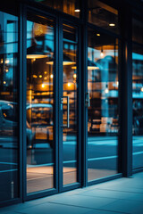 Poster - A building with glass doors on a city street. Perfect for commercial or architectural projects