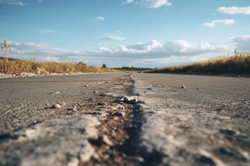 Poster - A road with a crack in the middle. Suitable for illustrating infrastructure issues or the need for repairs