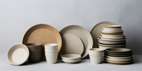 Aufkleber - Plates and cups arranged on a table. Ideal for use in restaurant, cafe, or dining-related designs