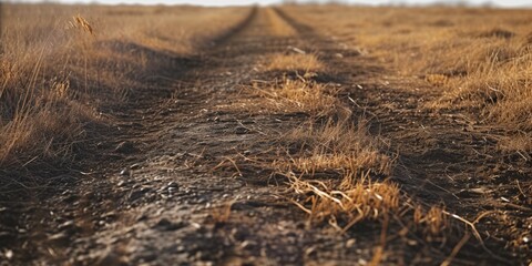 Poster - A picture of a dirt road running through a vast field. Suitable for travel, rural landscapes, and nature themes