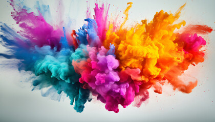 Color explosion. Colorful particles explosion. Rainbow-colored powder explosion. Bright colors, isolated object. White background. Creative idea, Brainstorming session, Creativity