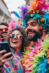 Poster - A picture of a group of people dressed up in vibrant and eye-catching costumes. Perfect for adding a touch of color and fun to any project or event