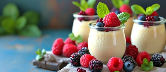 Wall Mural - Traditional Italian panna cotta, a sweet creamy dessert, served in glass jars with fresh berries and mint.