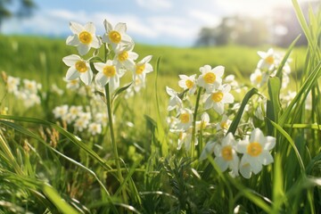 Poster - A vibrant field filled with beautiful white and yellow flowers. Perfect for nature enthusiasts or anyone looking to add a touch of color to their designs