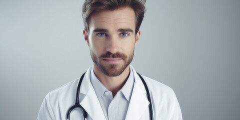 Poster - A male doctor holding a stethoscope. Suitable for medical and healthcare concepts