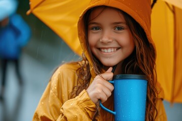 Aufkleber - A young girl holding an umbrella and a cup. Perfect for depicting a rainy day or enjoying a warm beverage outdoors