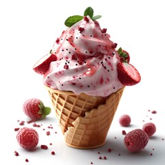 Poster - Delicious strawberry ice cream in a waffle cone with fresh berries. perfect dessert for summer menu. high-quality food photography. AI