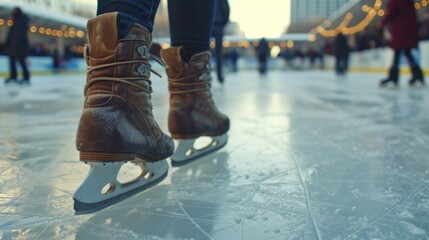 Canvas Print - A close-up view of a pair of ice skates on a rink. Perfect for winter sports or ice skating-related designs