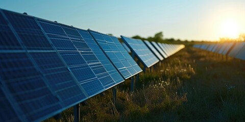 Poster - A row of solar panels in a field. Suitable for renewable energy and sustainable power concepts