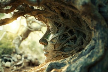 Poster - A close-up photograph of a face in a tree. This unique image captures the intricate details of the face and the natural textures of the tree.
