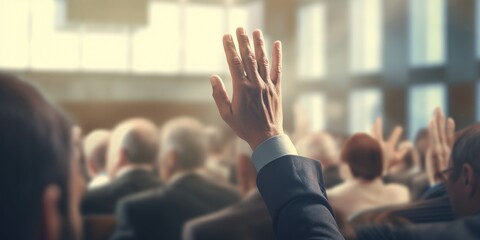 Poster - A person raising their hands in front of a crowd. Can be used to depict excitement, victory, celebration, or engagement with an audience