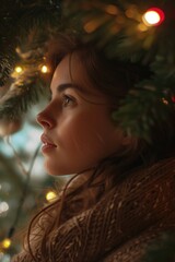 Poster - A woman gazes up at a beautifully decorated Christmas tree. Perfect for holiday-themed designs and festive promotions