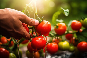 Wall Mural - Close up hand of farmer picking red tomatoes soaked with water droplets on organic farm tomato plant.