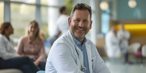 Smiling medical professional in a lab coat. healthcare stock photo. friendly doctor in a modern clinic setting. AI