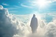 Back view of Jesus Christ in robe in the clouds with sunlights