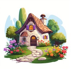Poster - A picturesque small house with a colorful flower bed and a winding stone pathway. Generative AI