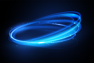 Fototapete - Vector neon light circle in motion. Glowing blue ring trace. Glitter magic sparkle swirl trail effect on black background. Bokeh glitter round wave line with flying sparkling flash lights