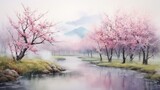 Fototapeta Most - A serene, misty morning in a cherry blossom garden. landscape watercolor Generative AI