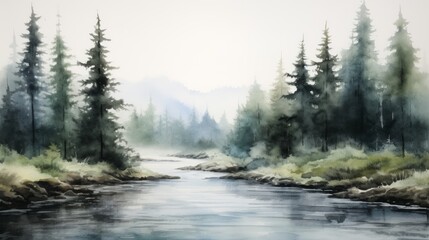 Poster - A serene river winding through a dense, foggy forest. landscape watercolor Generative AI