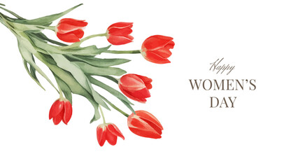 Wall Mural - Happy Women's Day Banner with a Bouquet of Red Tulips in Watercolor Style. Vector