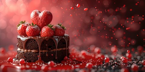 Poster - Decadent chocolate cake topped with fresh strawberries. perfect for celebrations and sweet moments. delicious dessert presentation. AI