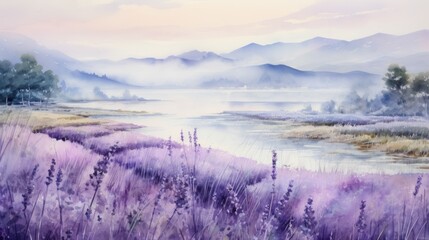 Poster - A tranquil, misty morning in a lavender field. landscape watercolor Generative AI