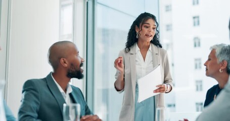 Poster - Business people, brainstorming and woman in a meeting, presentation and planning in a workplace. Group, employees and manager with feedback and document for partnership, review and project management