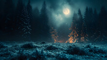 A Crystalline Forest, With Iridescent Light As The Background, During A Mystical Moonlit Night