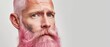 Model man with pink stylish beard on white background, banner, space for text. Colorful beard style for men. Concept for men's mustache and beard hair care. 