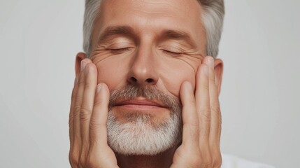 Wall Mural - Senior bearded man isolated white background. Portrait of a confident 60s 70s mid aged mature  man with close eyes touching his face. Man skin care, beard care Fashion beauty male older model.