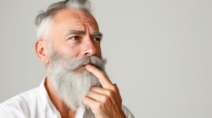 Wall Mural - Senior bearded man isolated white background. Portrait of a confident 60s 70s mid aged mature man touching his stylish beard. Bearded aging model man with serious expression. Fashion male older model.