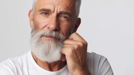 Wall Mural - Senior bearded man isolated white background. Portrait of a confident 60s 70s mid aged mature man touching his stylish beard. Bearded aging model man with serious expression. Fashion male older model.