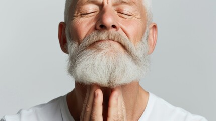 Wall Mural - Senior bearded man isolated white background. Portrait of a confident 60s 70s mid aged mature man touching his stylish beard. Bearded aging model man with serious expression. Fashion male older model.