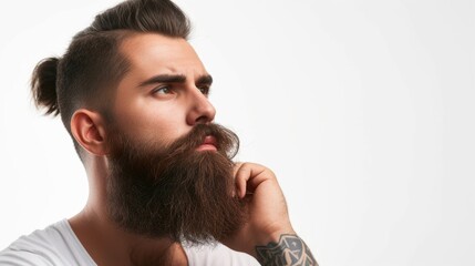 Wall Mural - Handsome well groomed bearded man on white background, space for text.  Beard style for men, beard care grooming. Barbershop banner template. Male cosmetology and beard health concept