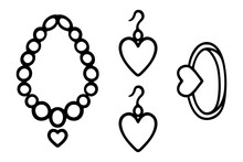 Collection Of Jewelry. Sketch. Set Of Vector Illustrations. Earrings With A Hook Decorated With A Heart, A Beaded Necklace With A Heart Pendant, A Finger Ring With A Heart-shaped Stone. 