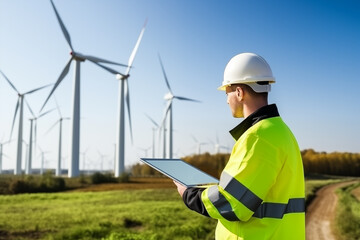 Male engineer using tablet with white safety helmet standing in front of wind energy station