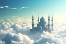 A Mosque Surrounded By An Expanse Of Fluffy Clouds Under The Golden Light Sunrise