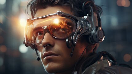 Poster - An artistic portrayal of a person with a bionic eye, highlighting augmented vision and the integration of advanced technological features Generative AI