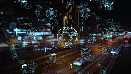 Cg collage on the background of a night city symbols of human activity are moving the globe appears in the center and around it icons with symbols of information protection. Information noise