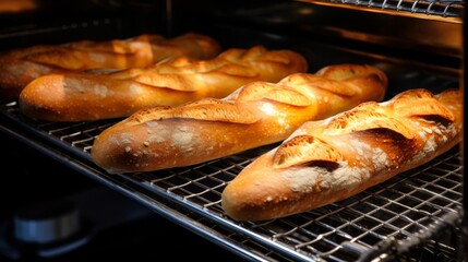Poster - Baguettes cooling on a wire rack after being baked to golden perfection in a traditional brick oven Generative AI