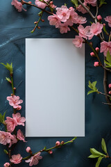 Wall Mural - Rectangular blank white empty paper board in romantic mockup for advertising invitation message, space for text, minimalistic, love wedding flowery note concept
