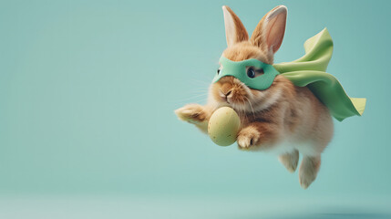 Superhero easter bunny flying with green cape and egg on pastel blue background, copy space.