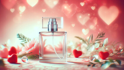 Wall Mural - A bottle of perfume on a background with hearts and flowers in pastel colors with bokeh, highlights.