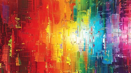 Wall Mural - A digital pixel glitch disrupts the normalcy, creating a vibrant and colorful rainbow texture. Bright background. 