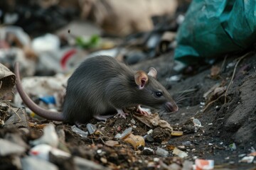 Poster - A rat sitting on top of a pile of trash. Suitable for depicting urban decay and filth