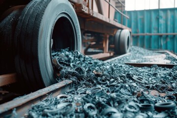 Poster - A pile of scrap sitting on top of a train track. Suitable for industrial and transportation themes