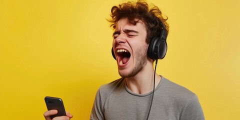 Poster - A young man wearing headphones and using a cell phone. This image can be used to depict technology, communication, or modern lifestyle